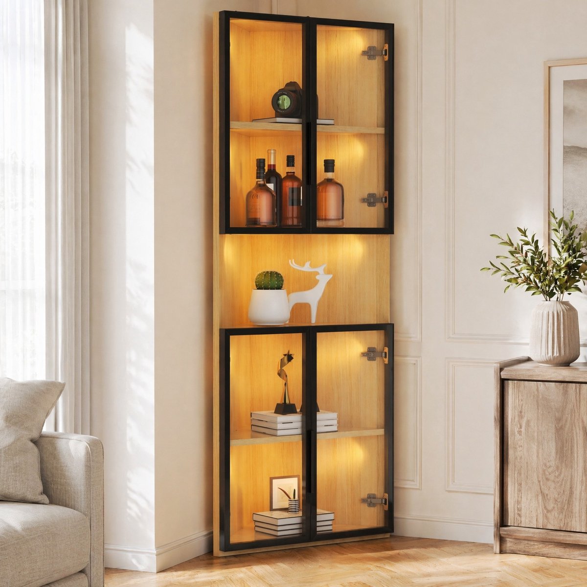 REDOM - Vitrinekast - Hoekkast - LED-verlichting - Soft-close scharnieren - Design - Woonkamer, hal, kantoor - MDF, gehard glas, aluminium - Eiken - 62 x 32 x 160 cm