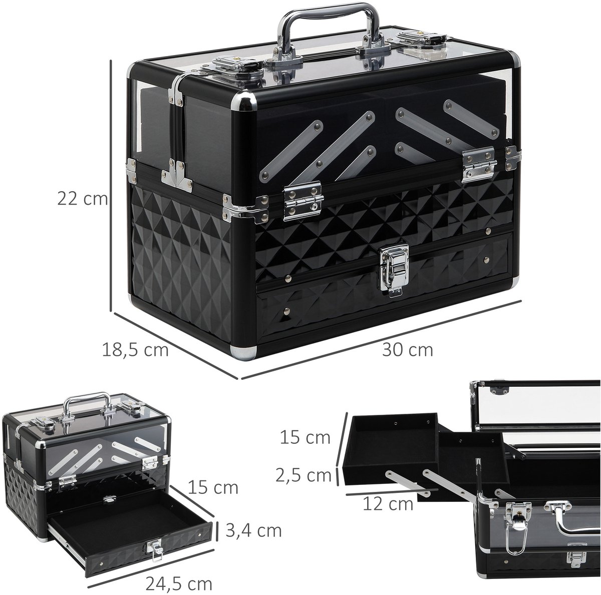 Make-upkoffer, sieradenorganizer, draagbare cosmeticakoffer met meerdere vakken, handvat en uitklapbare lades, aluminiumlegering, 30x18,5x22 cm, transparant en zwart