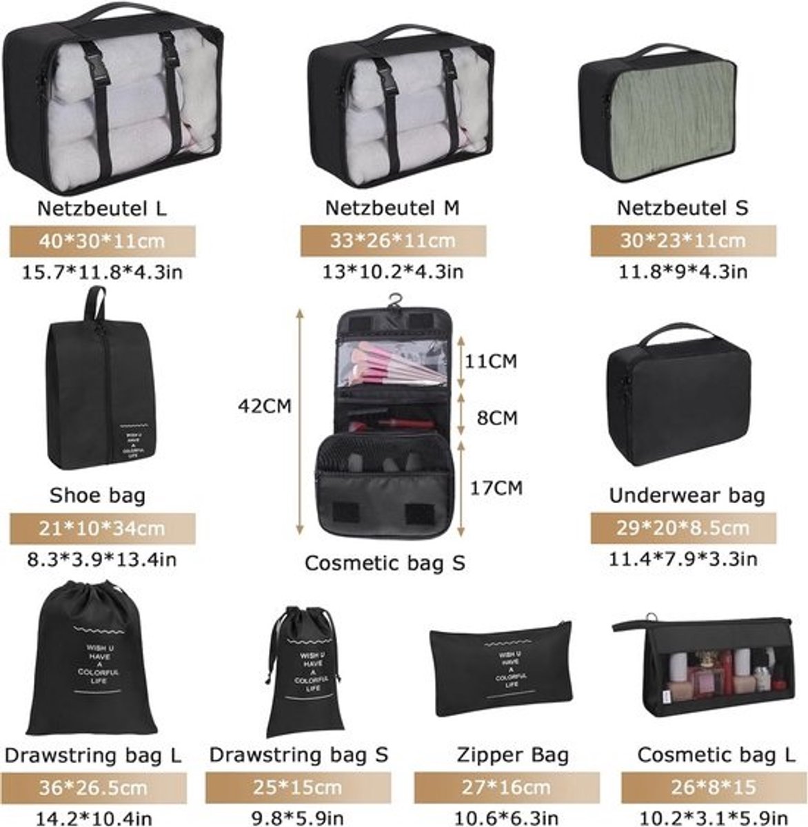 10-delige Koffer Organizer Set - Inpakcubes met Make-uptas & Schoenenzak voor Vakantie