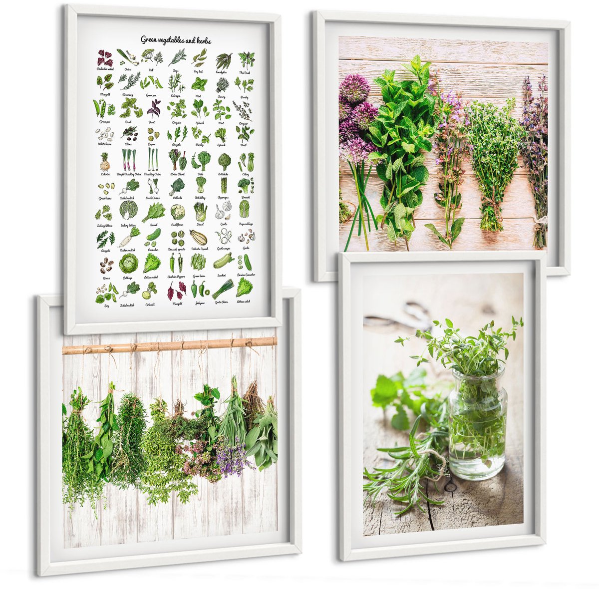 Wallfluent 4-Delige Schilderij Set - Lijst Met Gedroogde Keukenkruiden - 40 x 40 En 40 x 60 - Muurdecoratie - Wanddecoratie - Slaapkamer - Stijlvolle Muurdecoratie