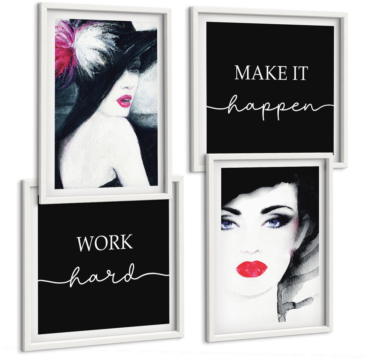 Wallfluent 4-Delige Schilderij Set - Geschilderde Portretten Van Vrouwen Met Expressieve Lippen - 40 x 40 En 40 x 60 - Wanddecoratie - Moderne Interieurdecoratie - Muurdecoratie