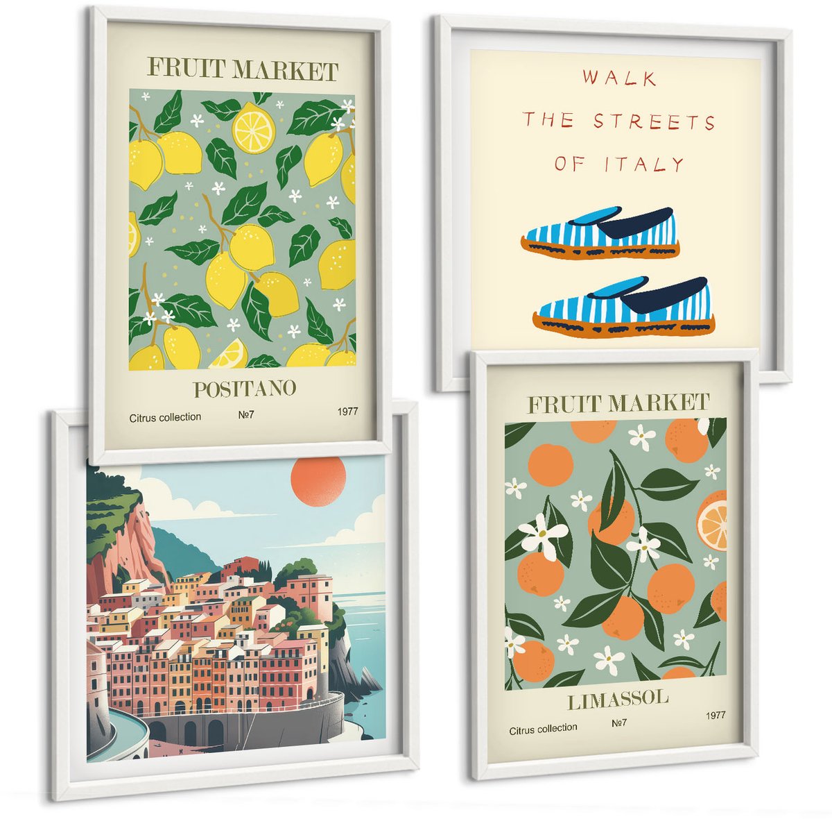 Wallfluent 4-Delige Schilderij Set - Fruitpatronen En Elementen Van De Italiaanse Cultuur - 40 x 40 En 40 x 60 - Wanddecoratie - Woonkamer Decoratie - Moderne Wanddecoratie