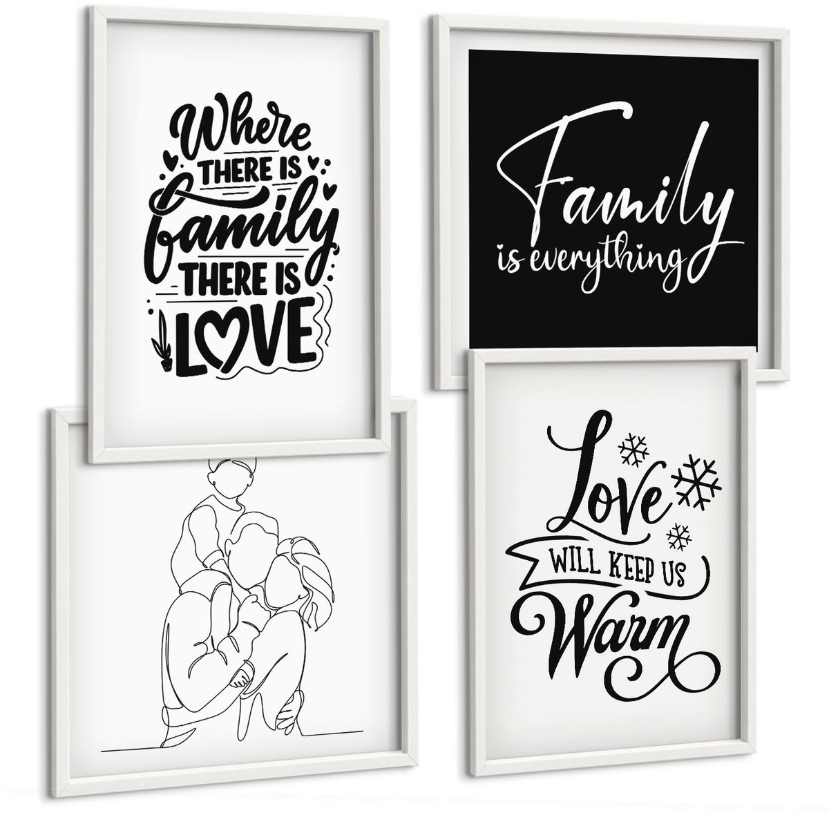 Wallfluent 4-Delige Schilderij Set - Familie, Liefde, Warmte, Thuis, Inspirerende Citaten - 40 x 40 En 40 x 60 - Wanddecoratie - Moderne Interieurdecoratie - Stijlvolle Muurdecoratie
