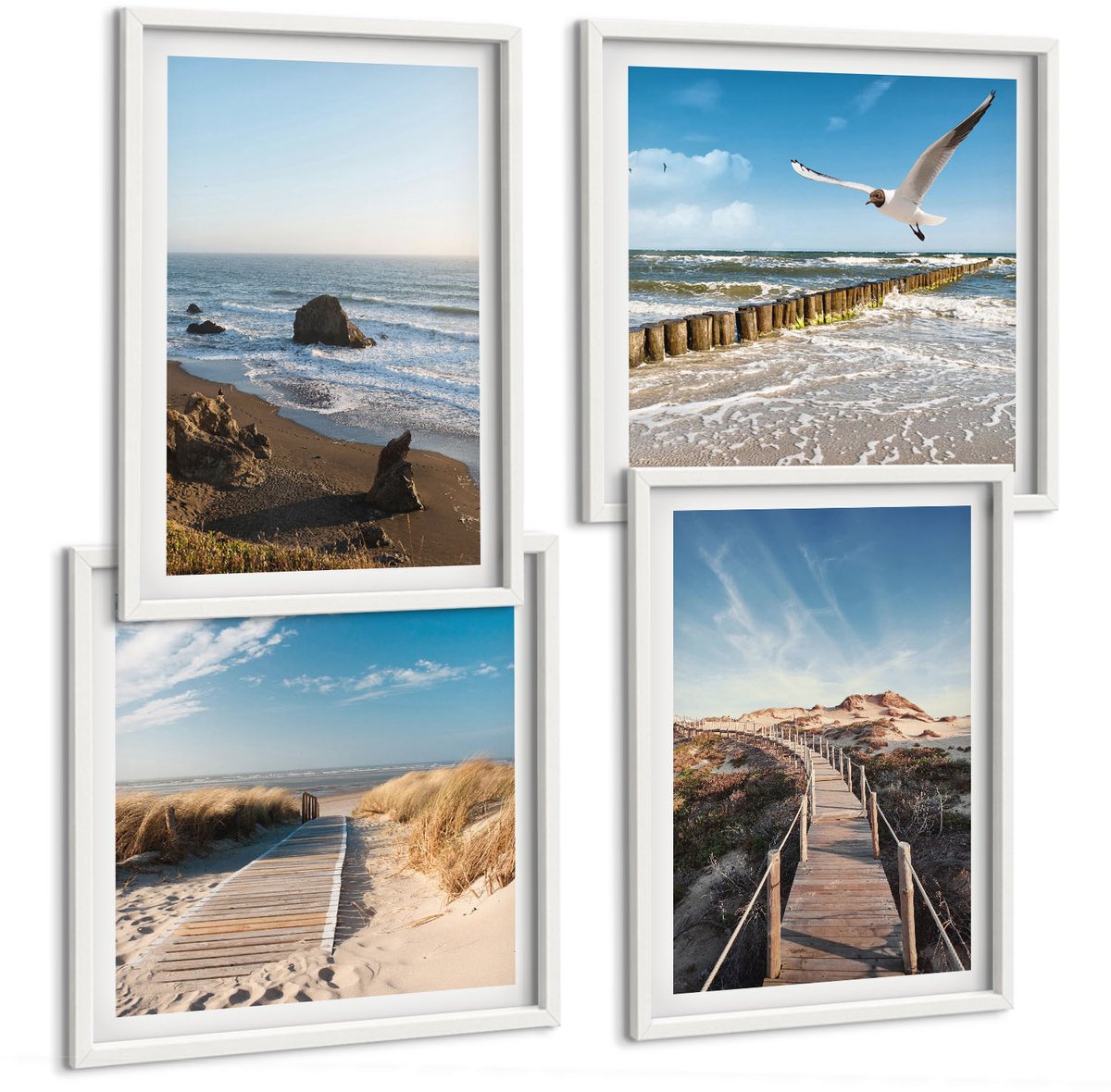 Wallfluent 4-Delige Schilderij Set - Uitzicht Op Het Strand Met Golven, De Lucht En Een Wandelpier. - 40 x 40 En 40 x 60 - Muurdecoratie - Interieur Decoratie