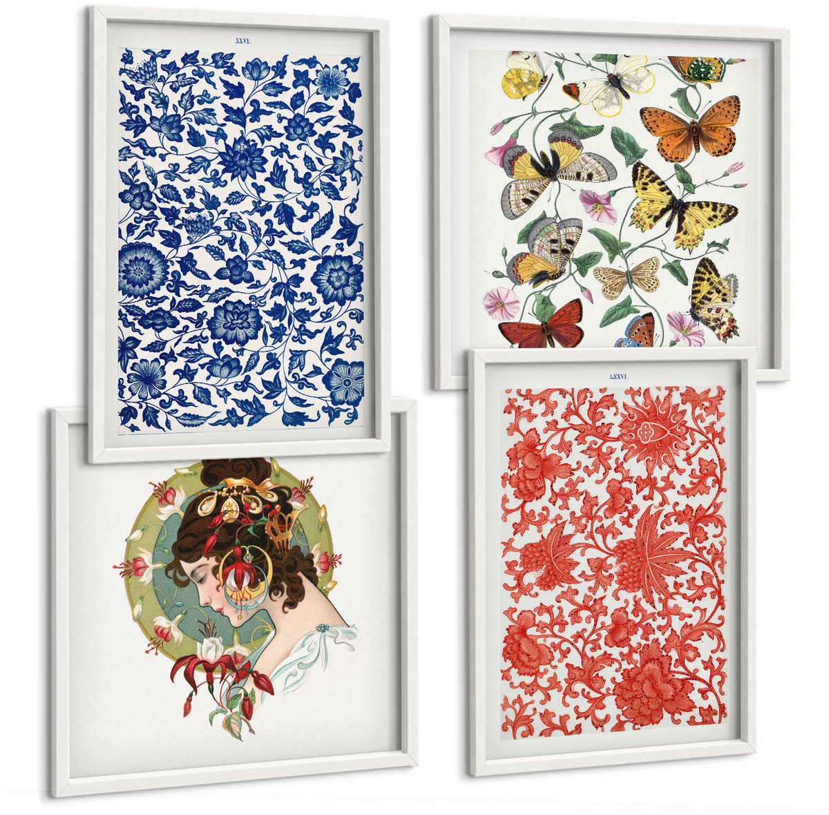 Wallfluent 4-Delige Schilderij Set - Vintage Posters Met Bloemen, Vlinders En Ornamenten - 40 x 40 En 40 x 60 - Muurdecoratie - Decoratieve Schilderijen - Wohnzimmer - Wanddecoratie