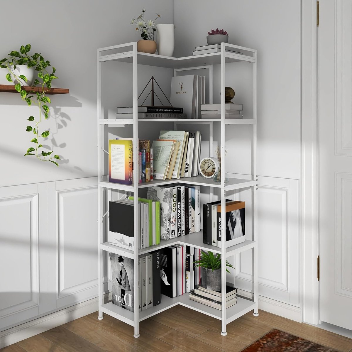 5-laagse Hoekboekenkast met Metalen Frame - Moderne Vrijstaande Boekenplank voor Woonkamer, Slaapkamer en Kantoor - Open Planken in Wit