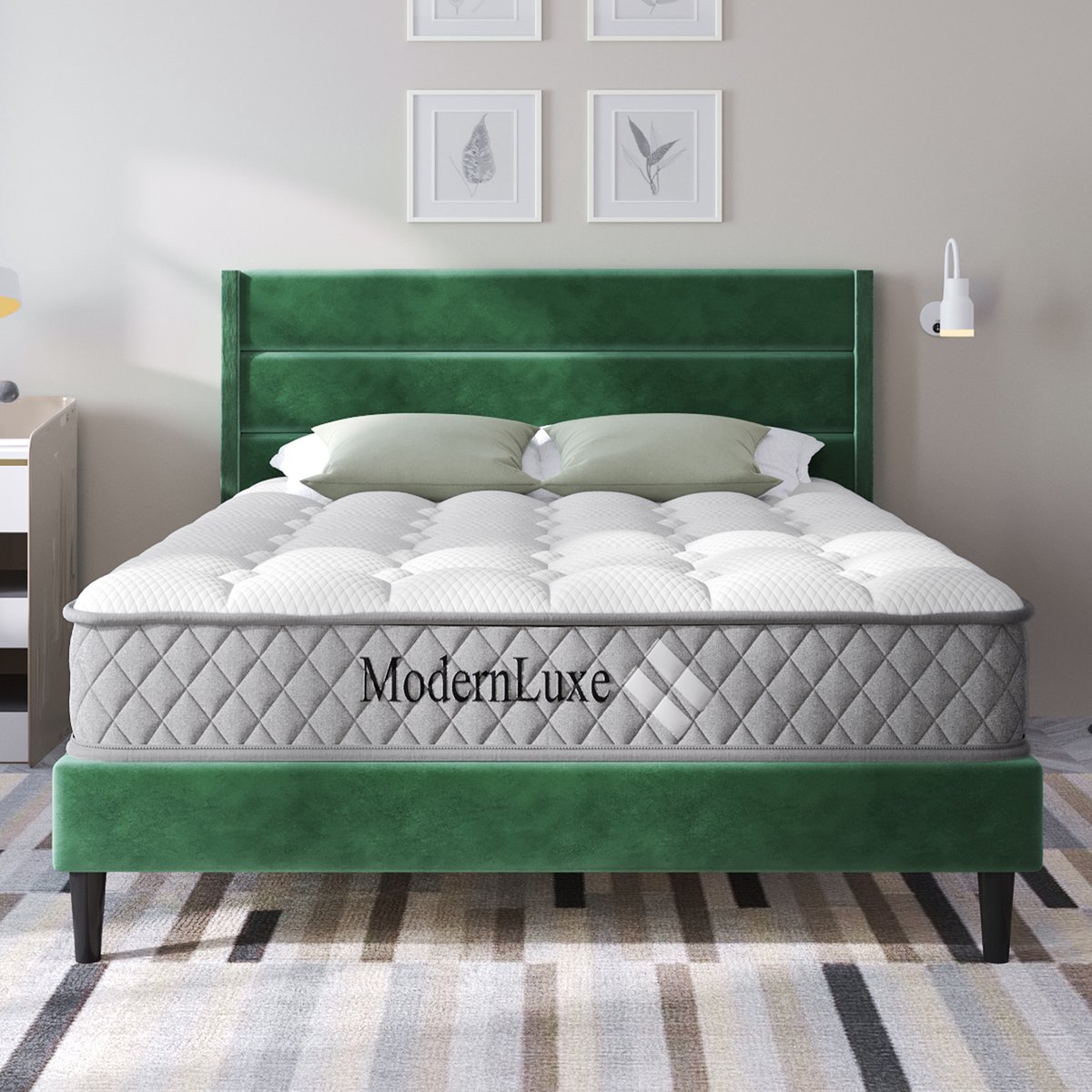 Welltin Tweepersoonsbed 140x200 cm met Hoofdbord en Lattenbodem - Met matras - Gestoffeerd Bed 140x200 cm - Jongerenbed - Jeugdbed - Gemakkelijk te Monteren - Stof - Groen