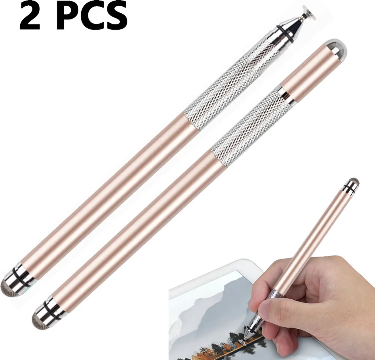 Universele 2-in-1 stylus Geschikt voor touchscreens Geschikt voor vervangbare microvezelpunten, Geschikt voor telefoons en tablets (roségoud).