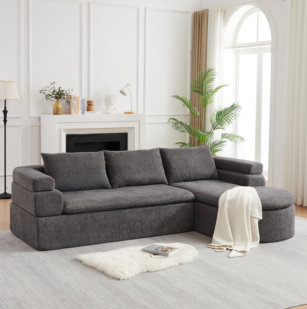 Hoekbank 260 x 170 x 65 cm - L-Vorm Met Chaiselongue - 3-Zits Voor Woonkamer En Appartement - Chenille - Grijs