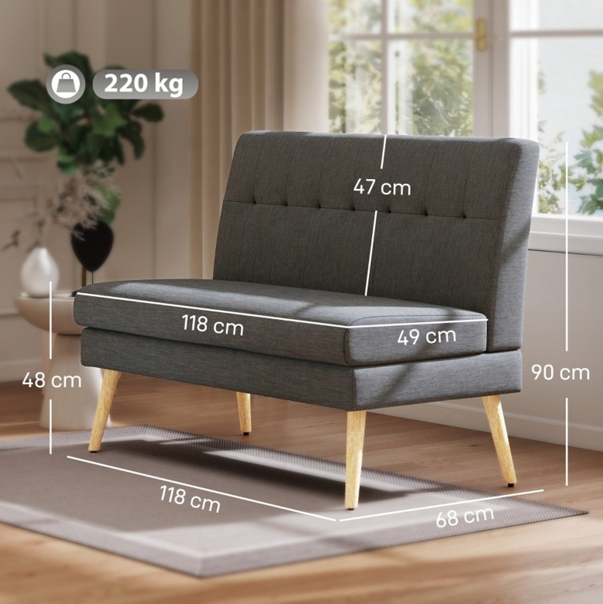 MODENUIT 2-zitsbank - Compact Voor Kleine Ruimtes - Getufte Rugleuning - Houten Poten - Linnenlook - Donkergrijs