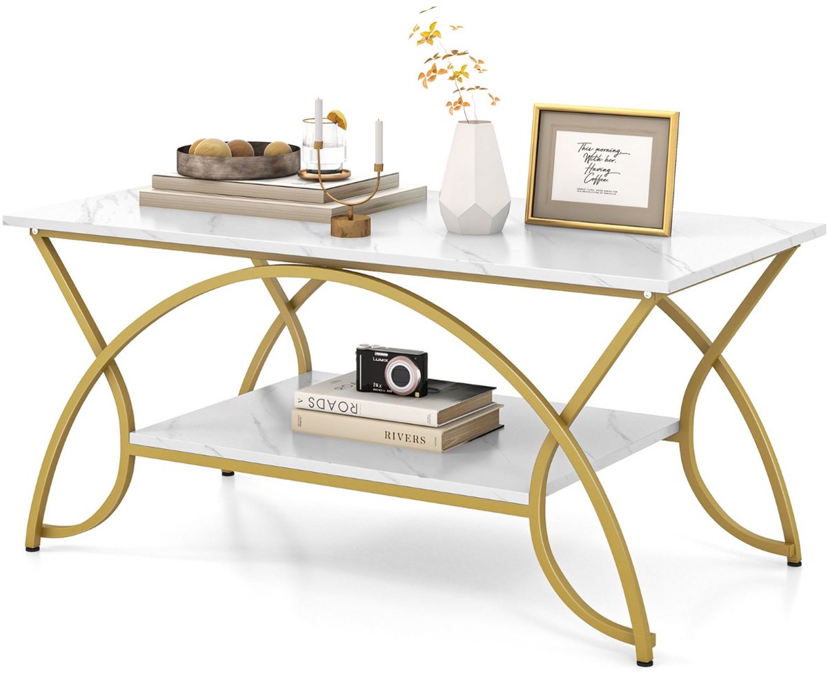 SureDeal® - Salontafel - Marmerlook Koffietafel - Plank - Metalen Woonkamertafel Bijzettafel - Woonkamer - 100x50x45 cm - Wit