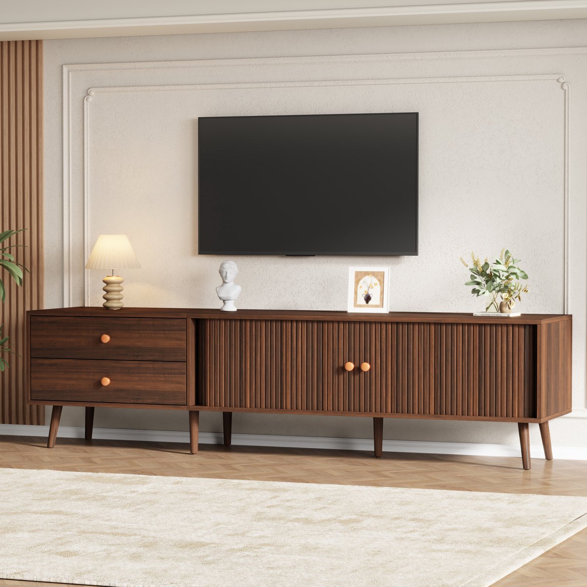 REDOM - TV meubel - 2 lades en 2 roldeuren - MDF - Retro & Vintage - Woonkamer - Walnoot - 180 x 40 x 46,5 cm - voor 80 inch tv
