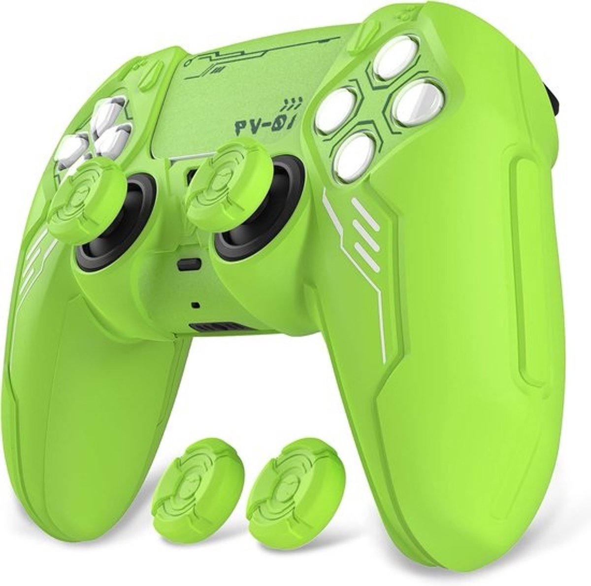 Siliconen Antislip Beschermhoes voor PS5 Controller met Joystick Doppen en Stickers - Mecha Editie Neongroen