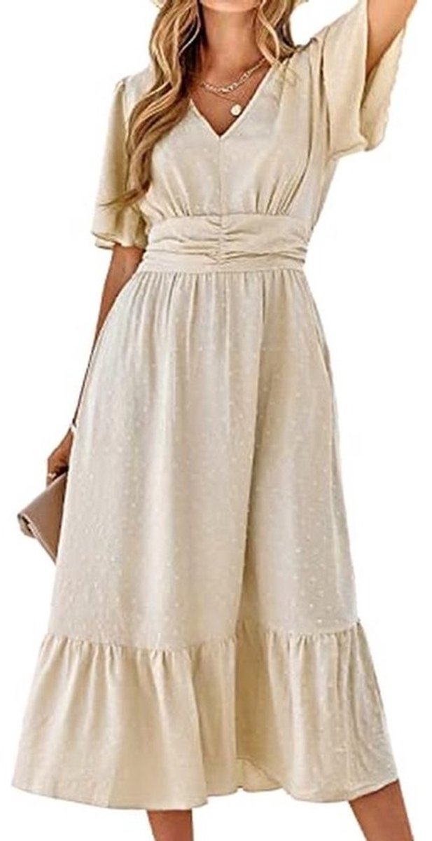 Boho Zomerjurk voor Dames - Elegante Maxi-Jurk met Korte Mouwen en V-Hals