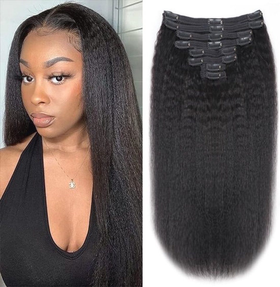 Kinky Steile Clip-In Haarextensions van 100% Onbewerkte Braziliaanse Human Hair - Volledige Set van 8 Stuks in Natuurlijk Zwart