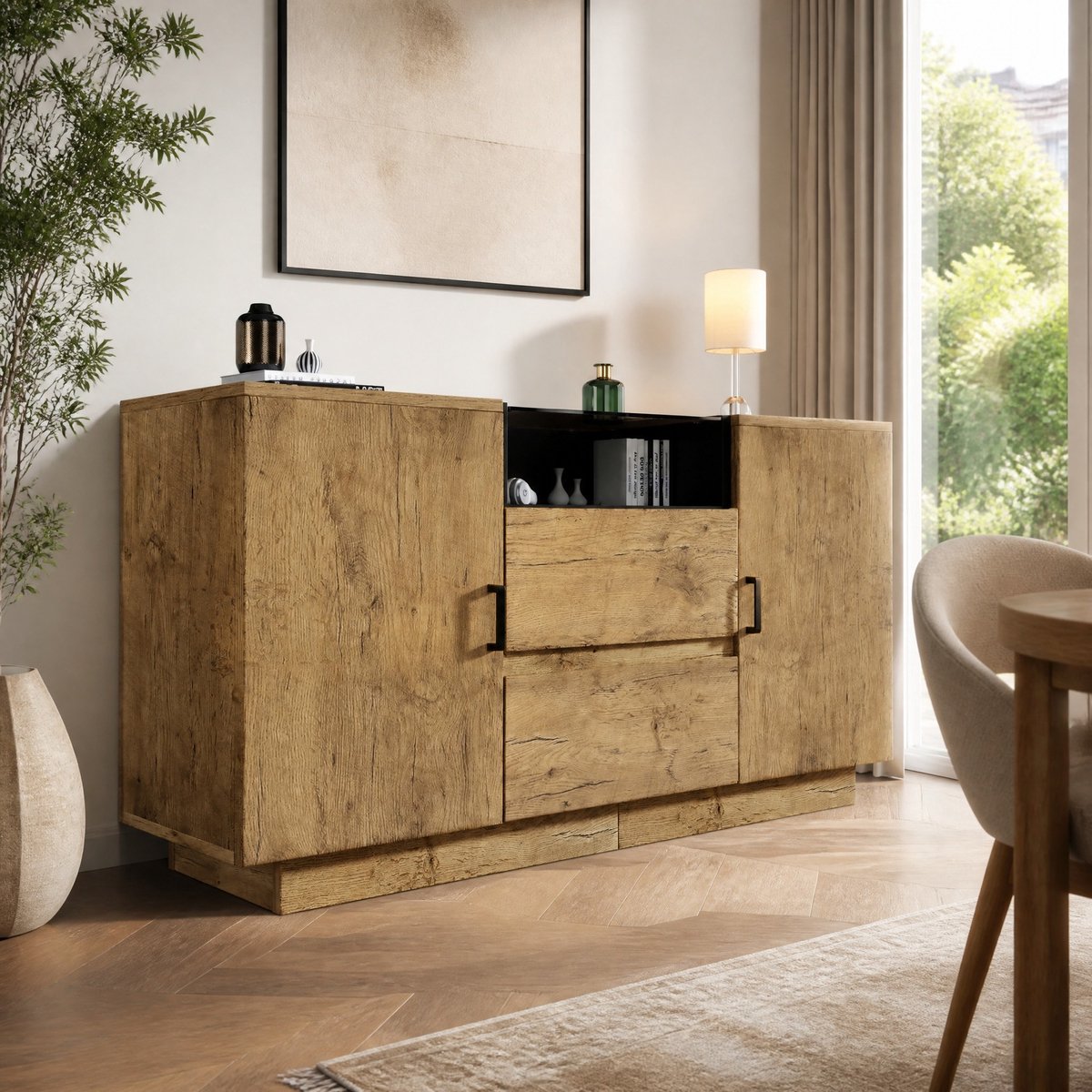 REDOM - Dressoir - 2 lades en 2 deuren - open vak - verstelbare planken - moderne stijl - woonkamer - spaanplaat en ESG-glas - Licht eiken - 140 x 40 x 70 cm