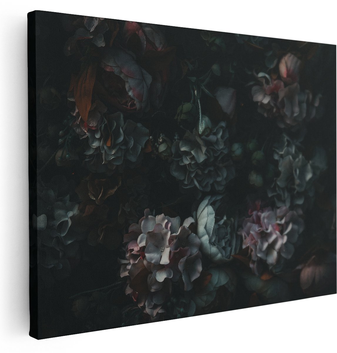 Artaza Canvas Schilderij Bloemen In Het Donker - Duisternis - 160x120 cm - Groot - Wanddecoratie Woonkamer - Schilderijen - Muurdecoratie