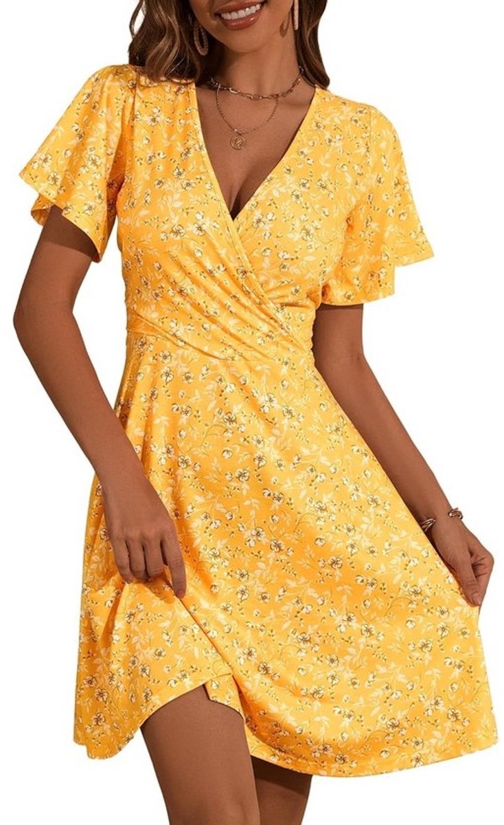 Zonnejurk Dames Korte Mouwen Bloemen Wikkeljurk V-hals A-lijn Midi-jurk