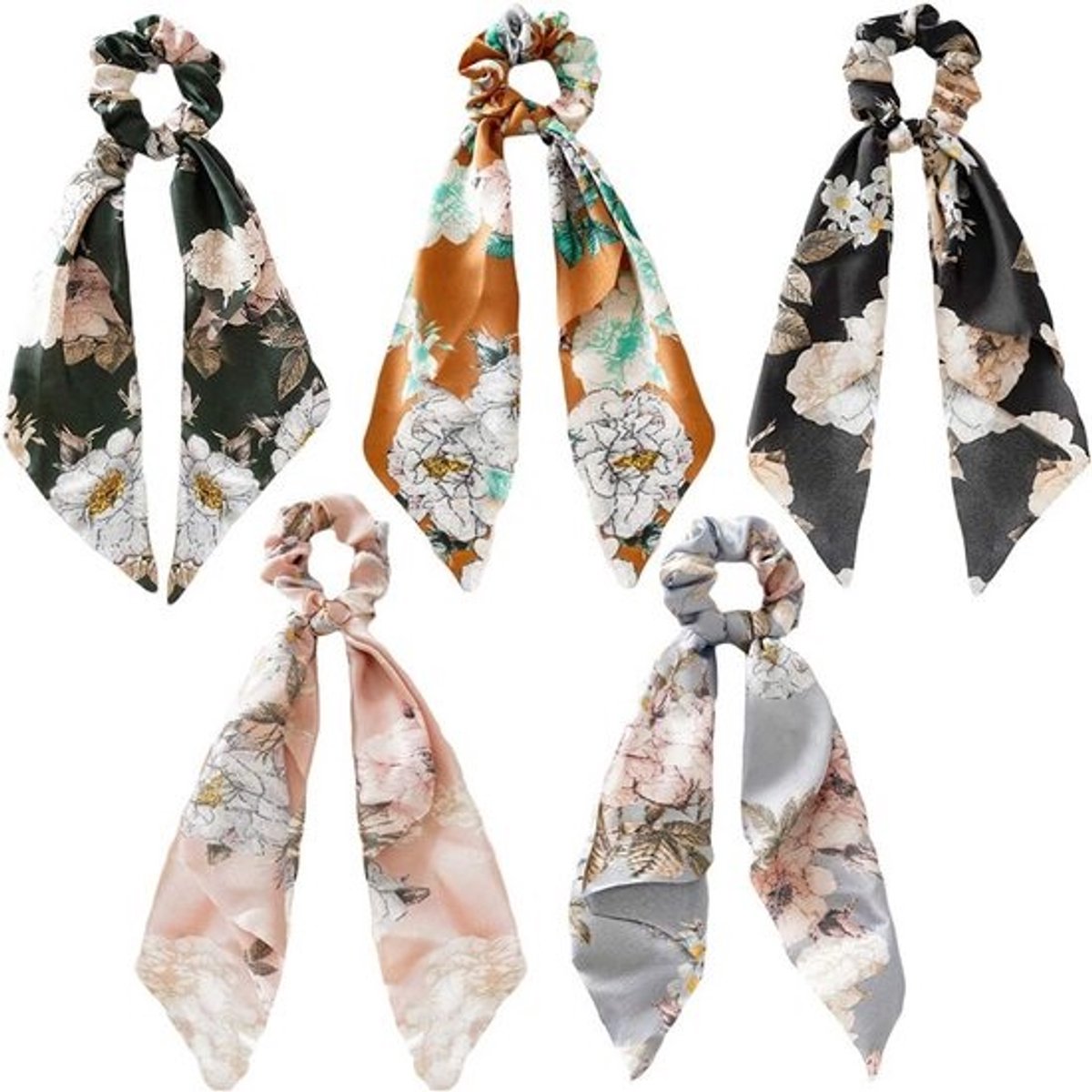 Luxe Zijden Scrunchies met Bloemendessin en Strikdetail - Haaraccessoire