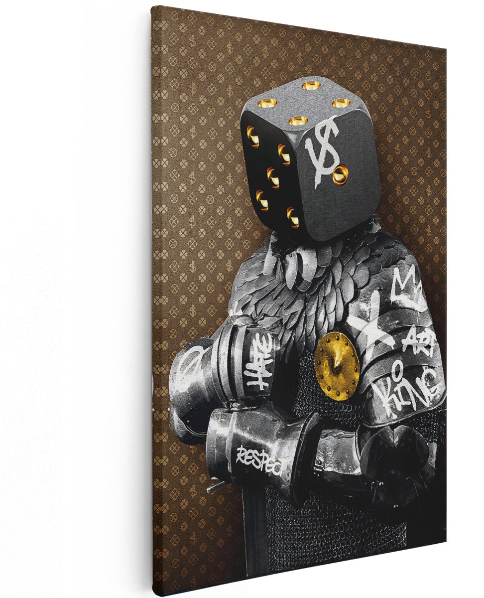 Artaza Canvas Schilderij Ridder - 120x180 cm - Groot - Graffiti Wanddecoratie - Muurdecoratie Dobbelsteen - Pop Art Schilderij Luxe - Goud
