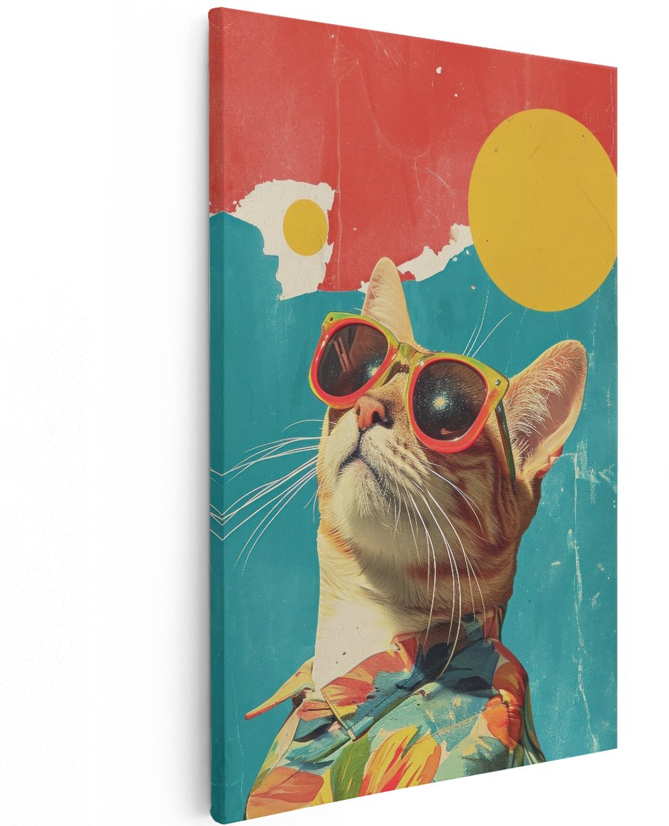 Artaza Canvas Schilderij Kat Met Zonnebril - 120x180 cm - Groot - Wanddecoratie Dieren - Muurdecoratie Pop Art - Decoratie Retro Vintage - Kleurrijk