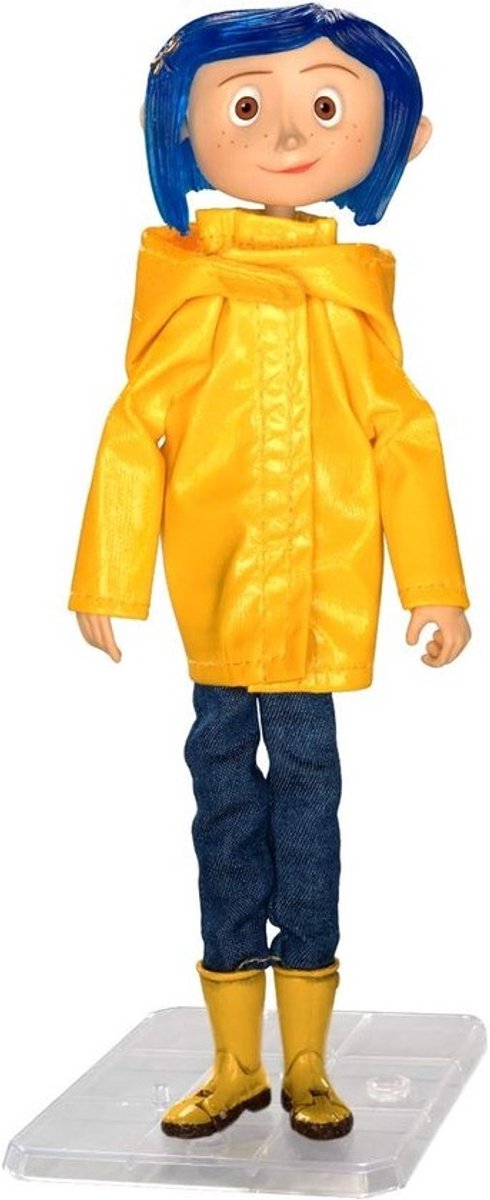 18 cm beweeglijke actionfiguur van Coraline in regenjas met displaystandaard