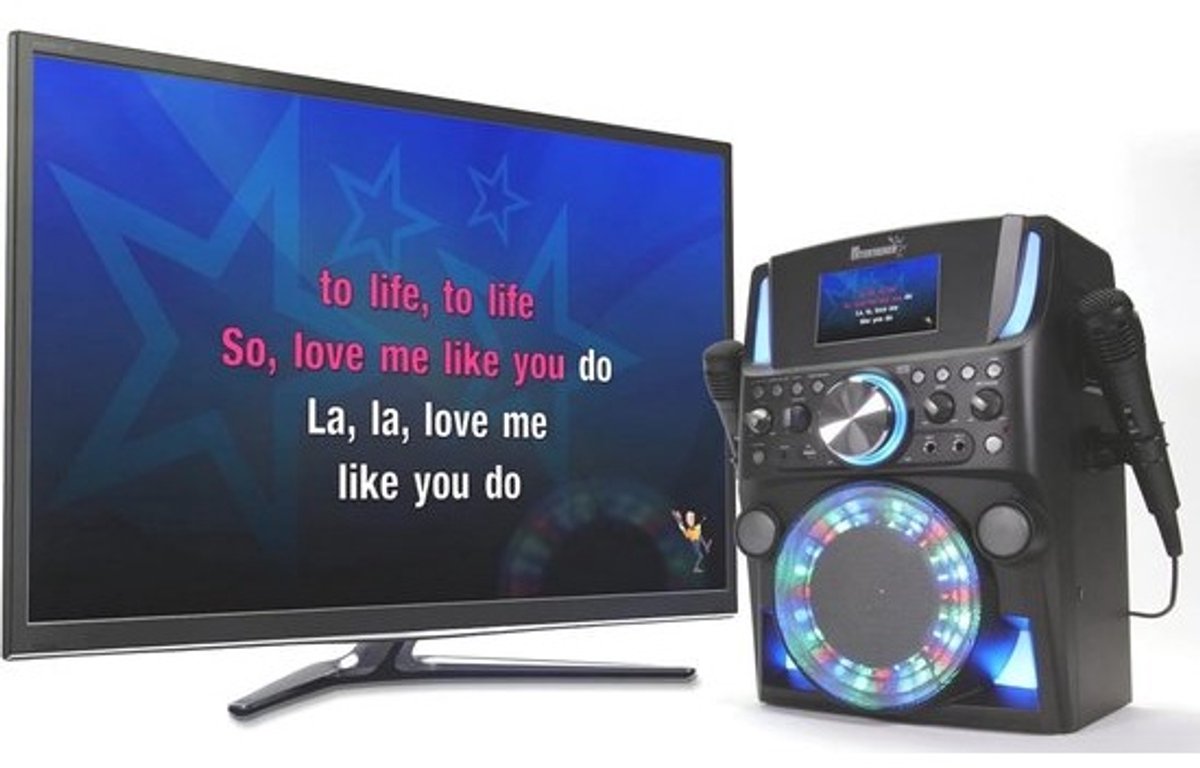 Alles-in-één Karaoke Machine met Ingebouwd Scherm en LED-Disco Lichten - Bluetooth, CD+G, MP3+G - Inclusief 100 Liedjes en 2 Microfoons