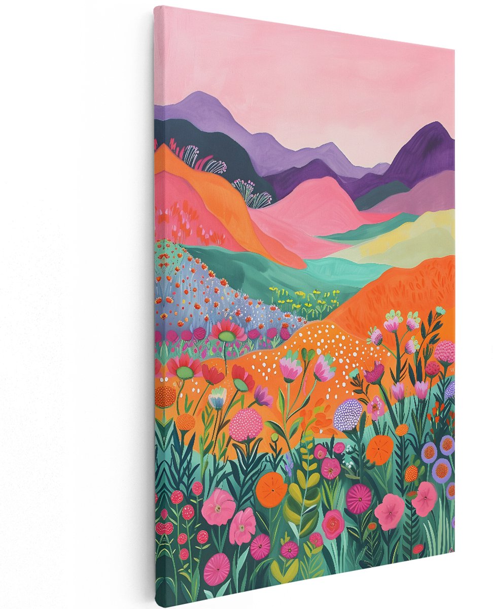 Artaza Canvas Schilderij Berglandschap - 120x180 cm - Groot - Wanddecoratie Bloemen - Muurdecoratie Abstract - Decoratie Kleurrijk - Roze