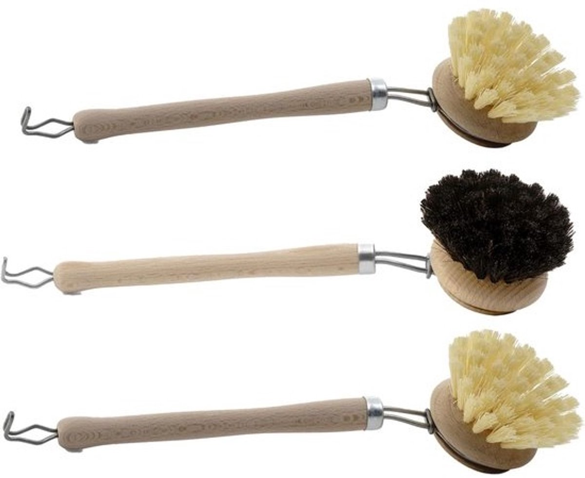 3-Delige Afwasborstelset met Houten Handvatten: Kunstvezel, Natuurvezel & Paardenhaar