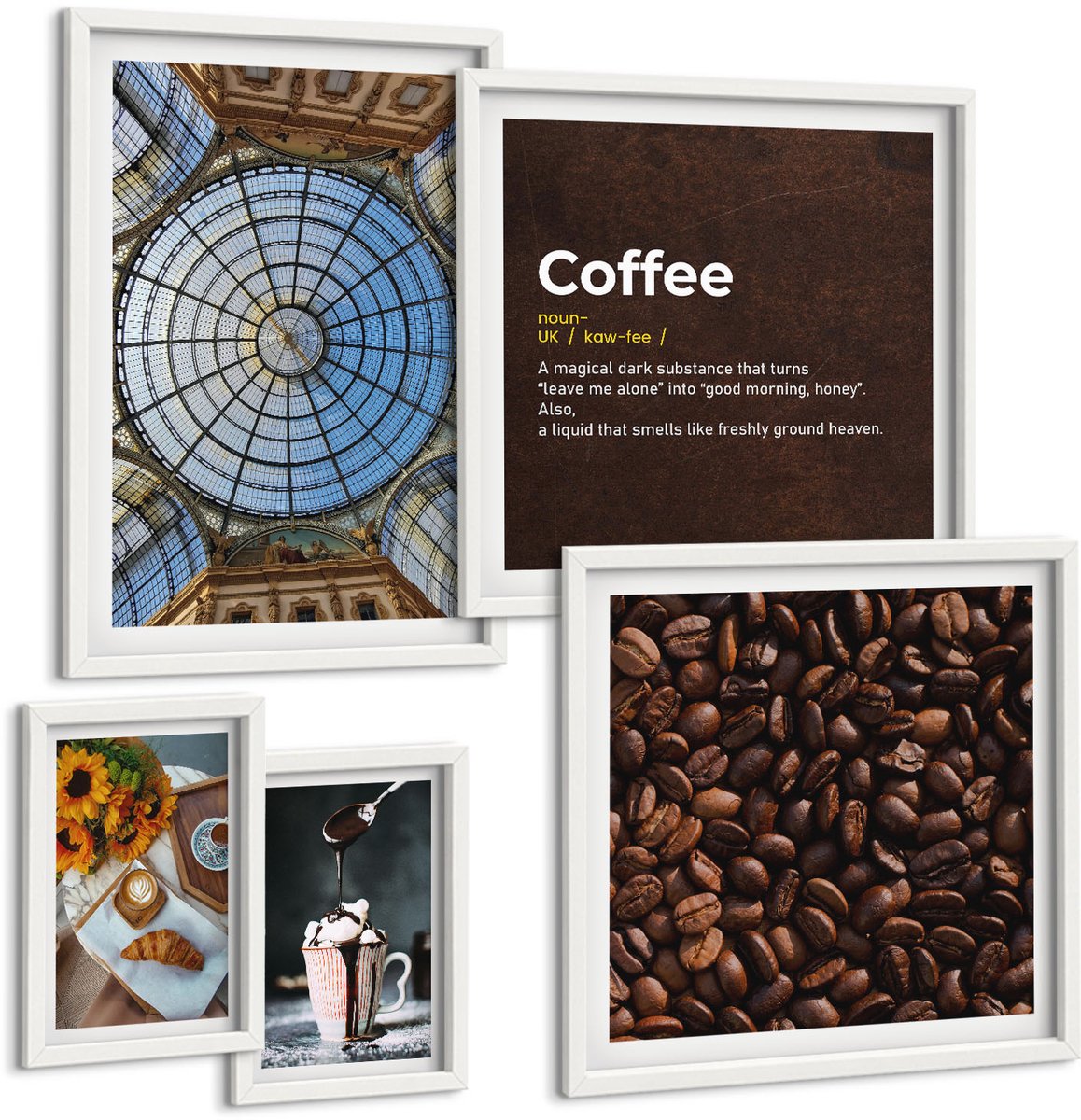 Wallfluent 5-Delige Schilderij Set - Koffie En Zoetigheden In Een Rustieke En Moderne Stijl. - 50 x 50 cm, 20 x 30 cm En 40 x 60 cm - Wanddecoratie - Moderne Interieurdecoratie - Moderne Wanddecoratie