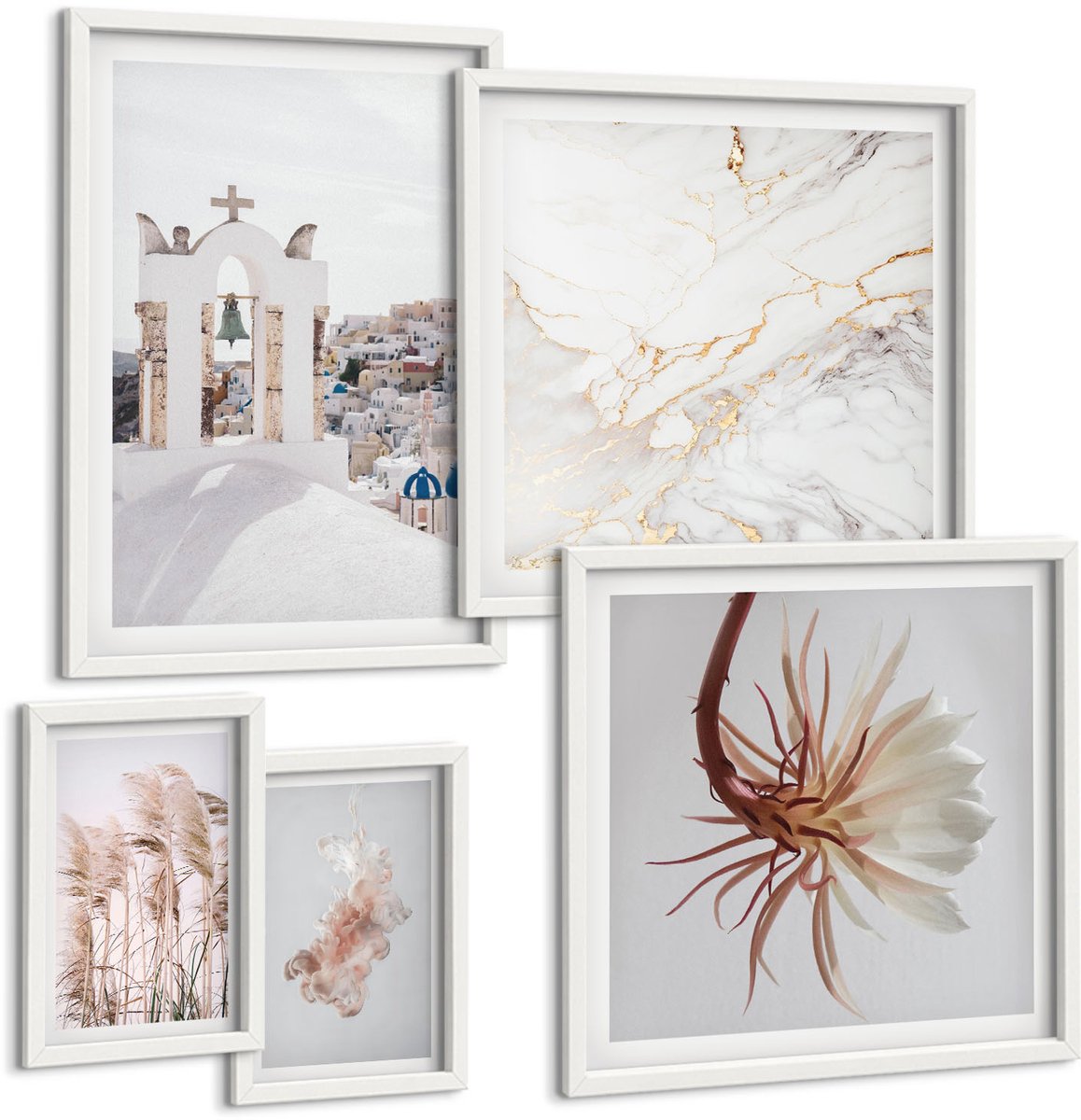 Wallfluent 5-Delige Schilderij Set - Stijlvolle Weergaven Van Architectuur En Natuur In Pastelkleuren. - 50 x 50 cm, 20 x 30 cm En 40 x 60 cm - Decoratieve Schilderijen - Wanddecoratie - Hal - Woonkamer Decoratie