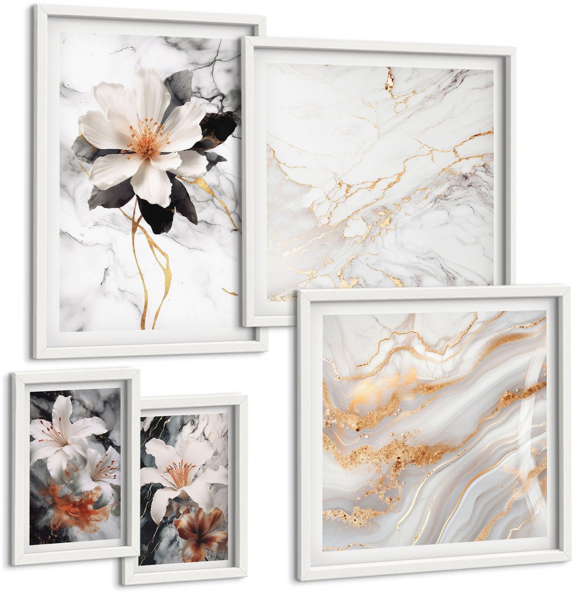 Wallfluent 5-Delige Schilderij Set - Bloemmotieven Op Een Marmeren Achtergrond In Een Elegante Stijl. - 50 x 50 cm, 20 x 30 cm En 40 x 60 cm - Wanddecoratie - Muurdecoratie - Moderne Interieurdecoratie - Woonkamer Decoratie