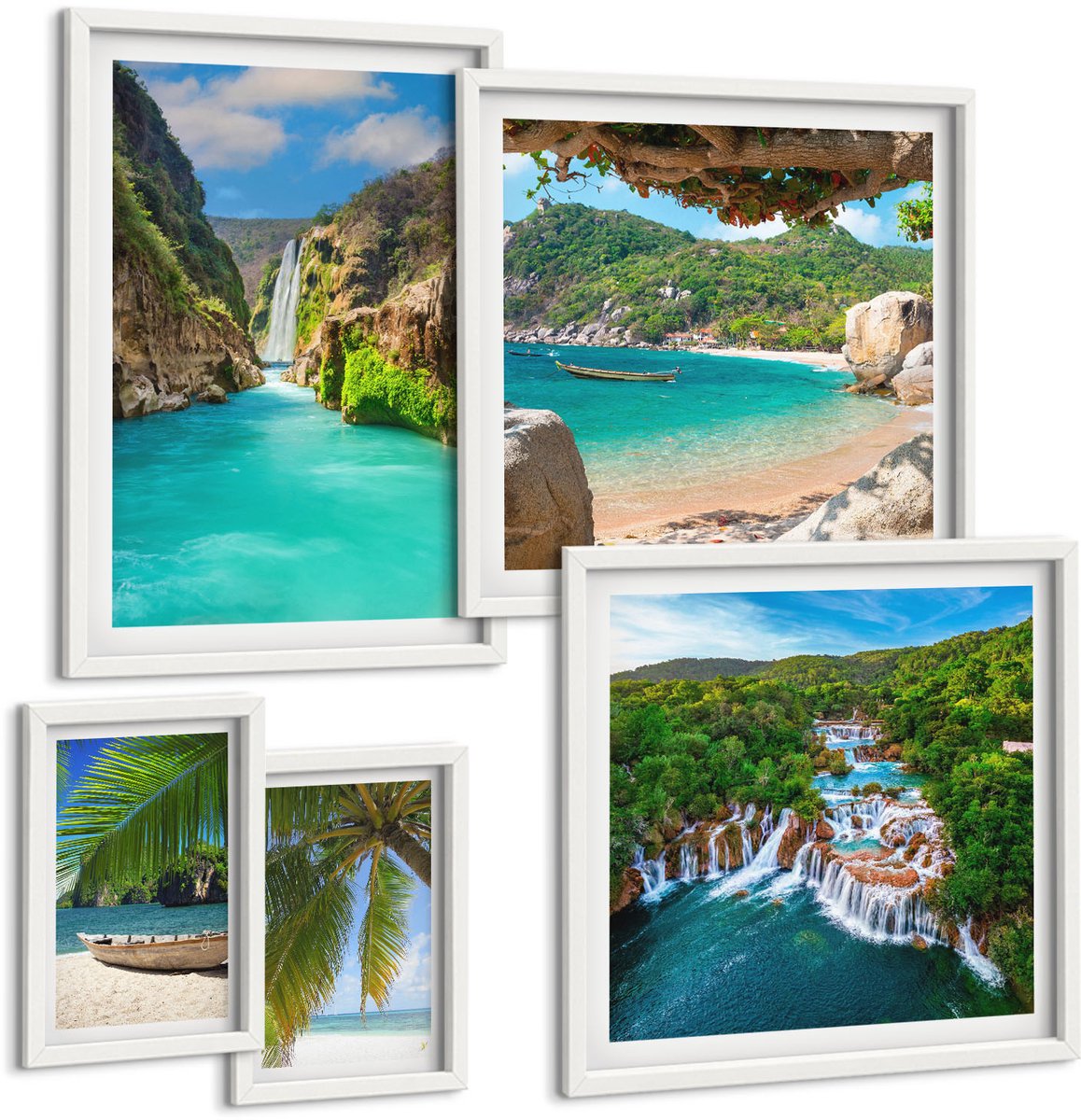 Wallfluent 5-Delige Schilderij Set - Tropische Landschappen Met Watervallen En Paradijselijke Stranden - 50 x 50 cm, 20 x 30 cm En 40 x 60 cm - Wanddecoratie - Muurdecoratie - Woonkamer - Decoratieve Schilderijen