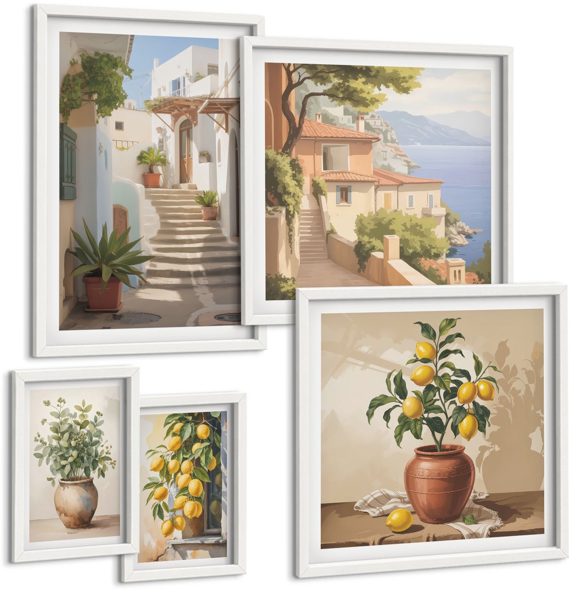 Wallfluent 5-Delige Schilderij Set - Stijlvol Interieur Met Planten En Pittoreske Straatjes - 50 x 50 cm, 20 x 30 cm En 40 x 60 cm - Stijlvolle Wanddecoratie - Interieur - Stijlvolle Muurdecoratie