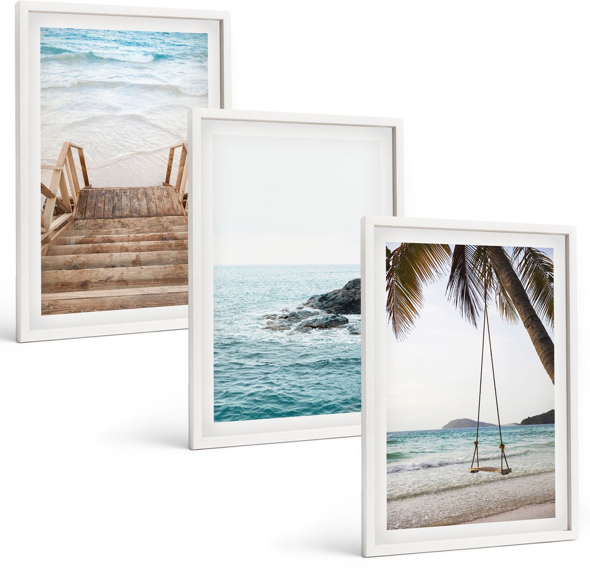 Wallfluent 3-Delige Schilderij Set - Trap Naar Het Strand, Uitzicht Op Zee En Schommel In Een Palmboom - 40 x 60 - Decoratieve Schilderijen - Woonkamer - Interieur - Muurdecoratie