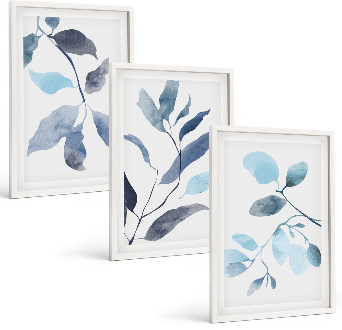 Wallfluent 3-Delige Schilderij Set - Blauwe Bladeren Op Een Lichte Achtergrond In Aquarelstijl - 40 x 60 - Schilderijen Set - Wanddecoratie - Woonkamer - Stijlvolle Muurdecoratie