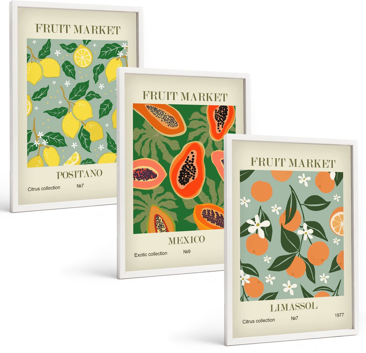 Wallfluent 3-Delige Schilderij Set - Fruitposters Citroenen Papaja'S Mandarijnen Bloemen - 40 x 60 - Wanddecoratie - Schilderijen Set - Interieur - Interieur Decoratie