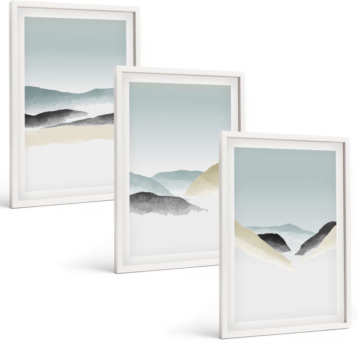 Wallfluent 3-Delige Schilderij Set - Minimalistische Bergen In Delicate Pasteltinten - 40 x 60 - Muurdecoratie - Wanddecoratie - Slaapkamer - Interieur Decoratie