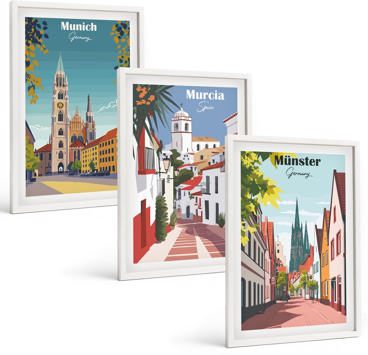 Wallfluent 3-Delige Schilderij Set - Europese Steden In Kleurrijke Illustraties - 40 x 60 - Decoratieve Schilderijen - Wanddecoratie - Hal - Moderne Wanddecoratie