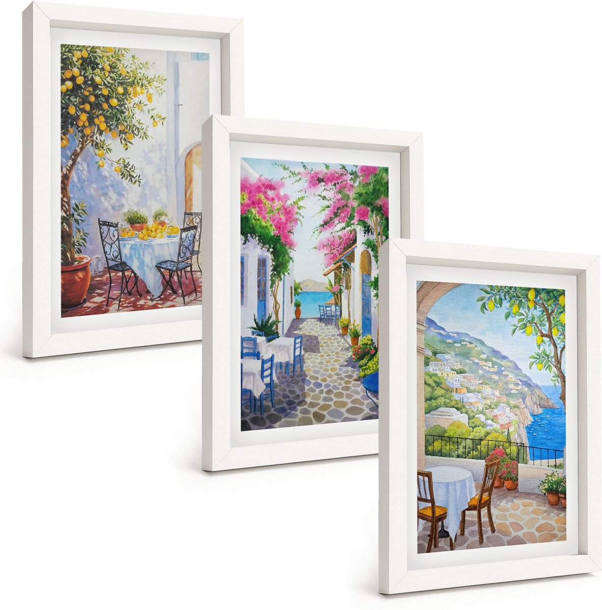 Wallfluent 3-Delige Schilderij Set - Sfeervolle Straatjes Met Bloeiende Planten En Uitzicht Op Zee. - 20 x 30 - Muurdecoratie - Schilderijen Set - Woonkamer