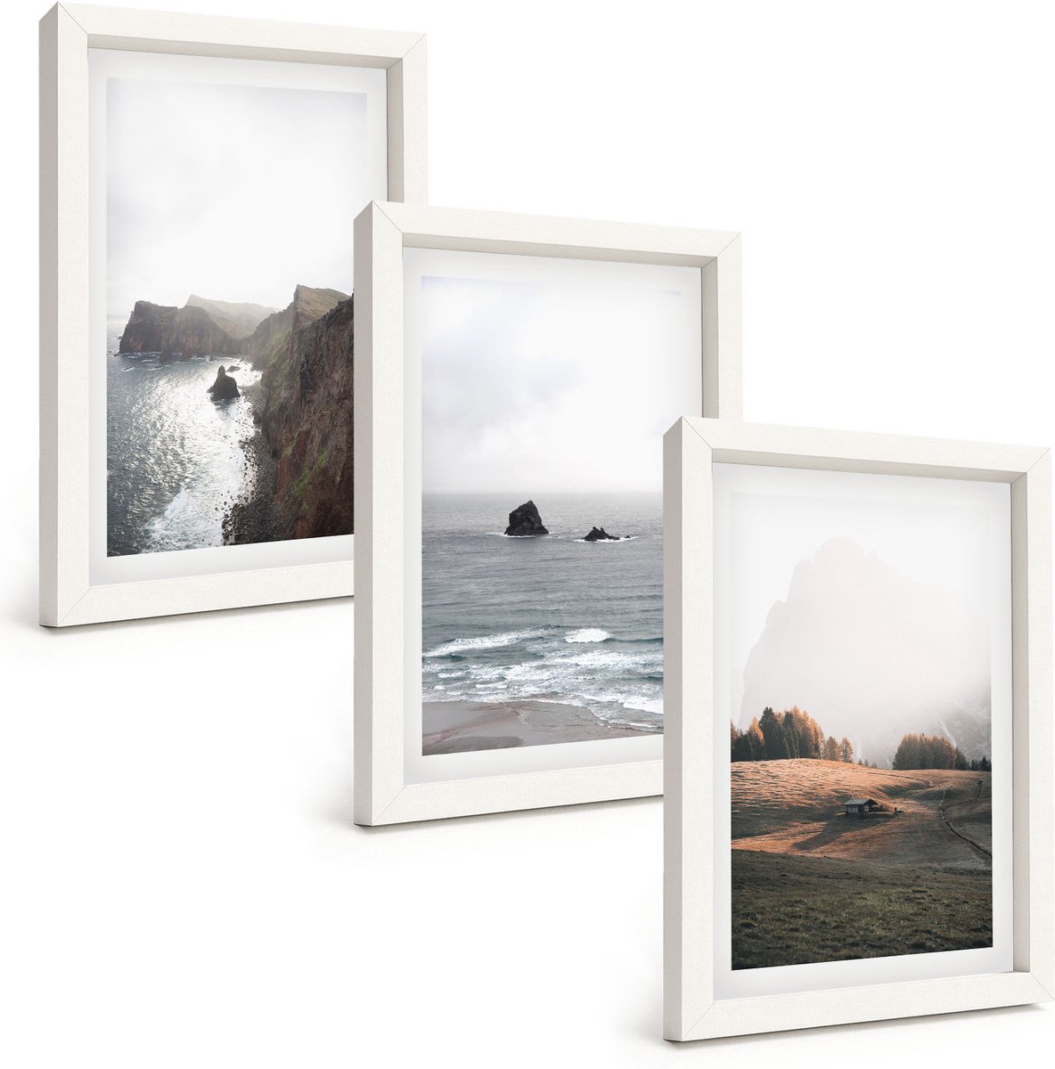 Wallfluent 3-Delige Schilderij Set - Berg- En Zeelandschappen Met Wolken En Bossen - 20 x 30 - Muurdecoratie - Wanddecoratie - Hal - Stijlvolle Muurdecoratie