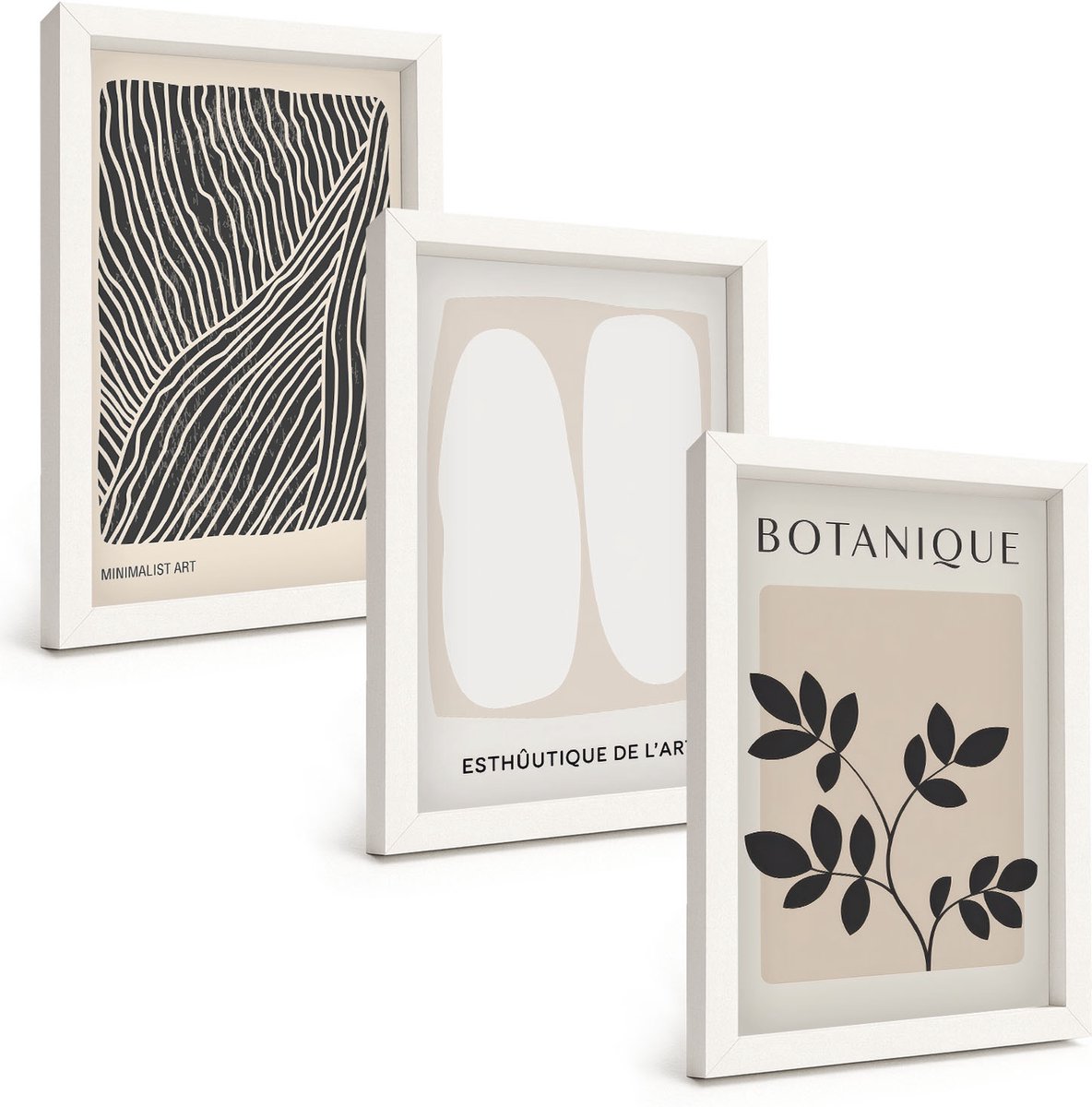 Wallfluent 3-Delige Schilderij Set - Bloemenpatronen En Minimalistische Lijnen In Neutrale Kleuren. - 20 x 30 - Decoratieve Schilderijen - Woonkamer - Interieur - Muurdecoratie