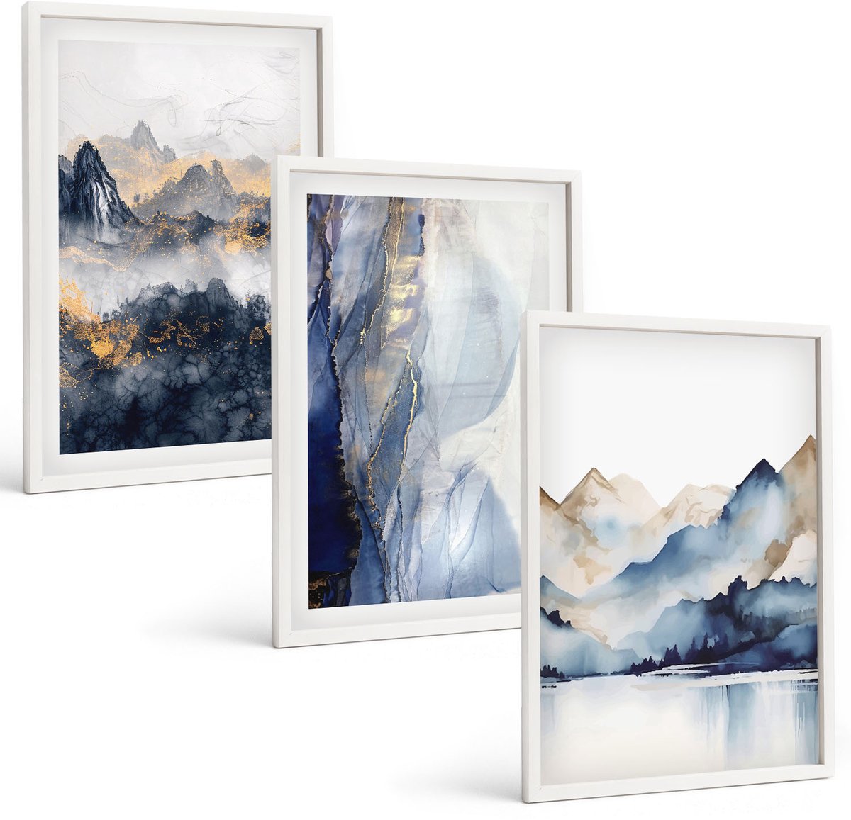 Wallfluent 3-Delige Schilderij Set - Berglandschappen Met Blauwe En Grijze Tinten - 40 x 60 - Muurdecoratie - Interieur Decoratie