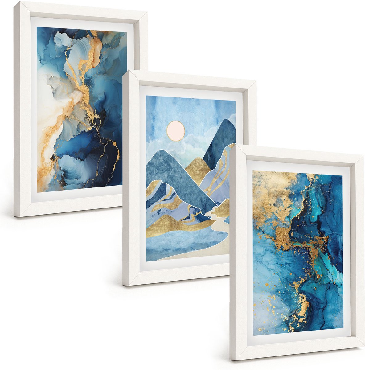 Wallfluent 3-Delige Schilderij Set - Blauwe Bergen Met Abstracte Patroonelementen - 20 x 30 - Wanddecoratie - Schilderijen Set - Kantoor - Stijlvolle Muurdecoratie
