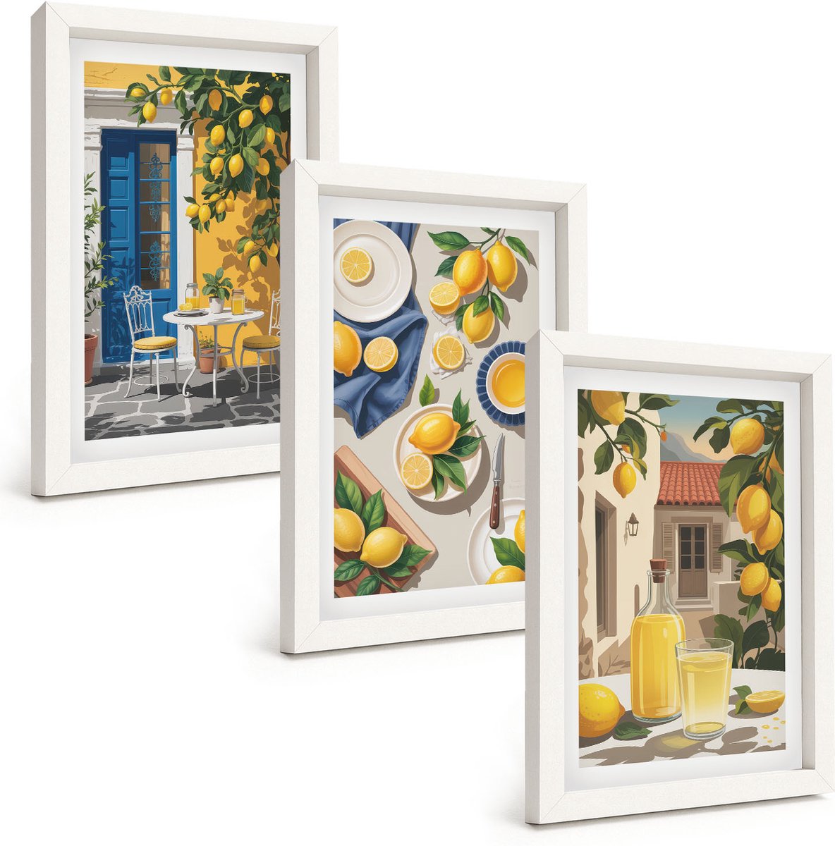 Wallfluent 3-Delige Schilderij Set - Citroentuin Met Citroenen En Drankjes Op Tafel. - 20 x 30 - Wanddecoratie - Woonkamer Decoratie - Moderne Wanddecoratie
