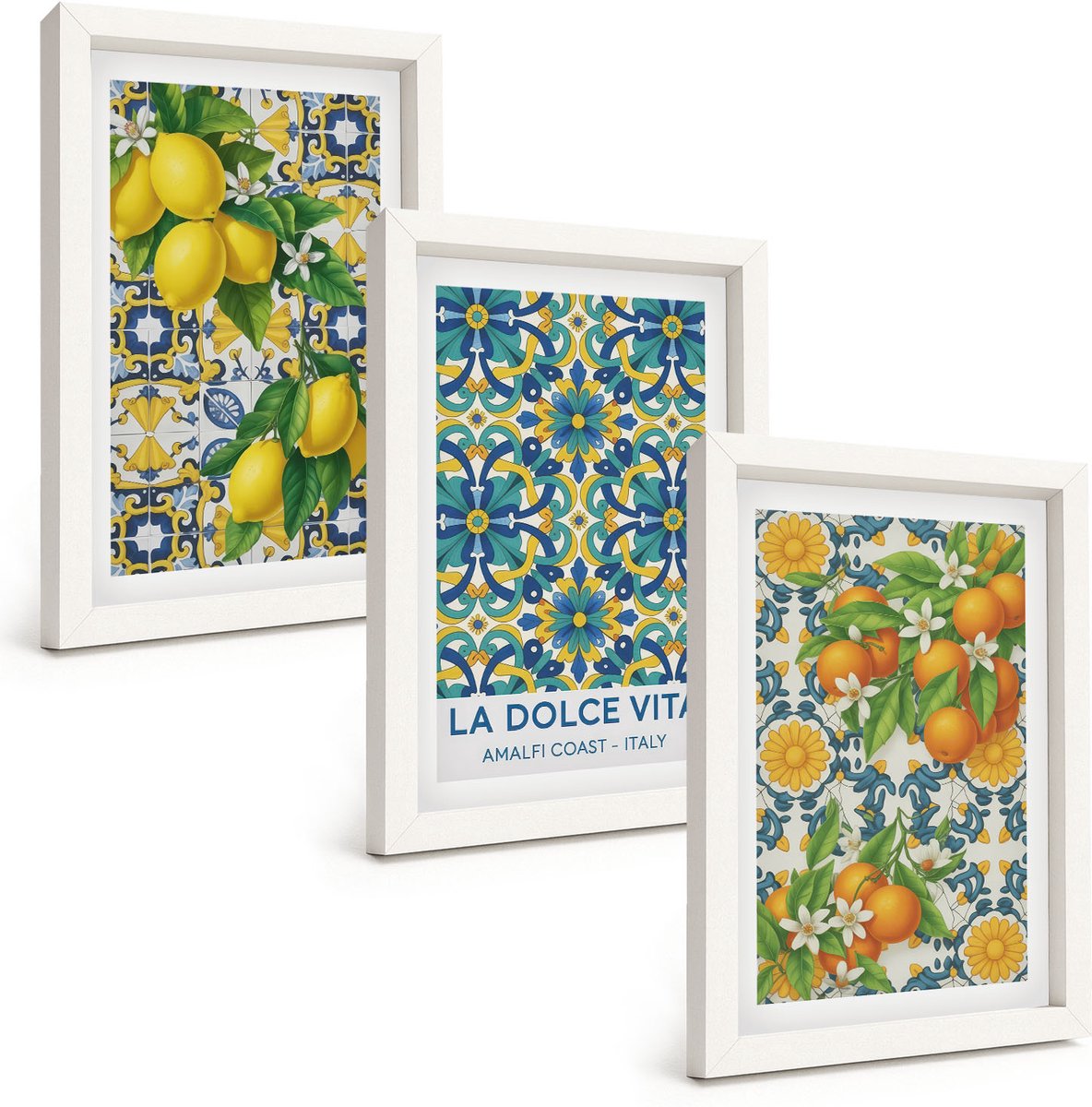 Wallfluent 3-Delige Schilderij Set - Citroenen, Bloemen En Sinaasappels In Italiaanse Stijl - 20 x 30 - Wanddecoratie - Muurdecoratie - Moderne Interieurdecoratie - Interieur Decoratie