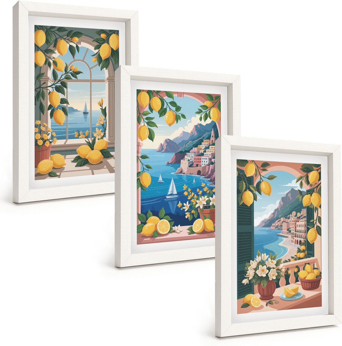 Wallfluent 3-Delige Schilderij Set - Zeezichtraam Met Italiaanse Citroenen - 20 x 30 - Moderne Wanddecoratie - Woonkamer - Interieur Decoratie