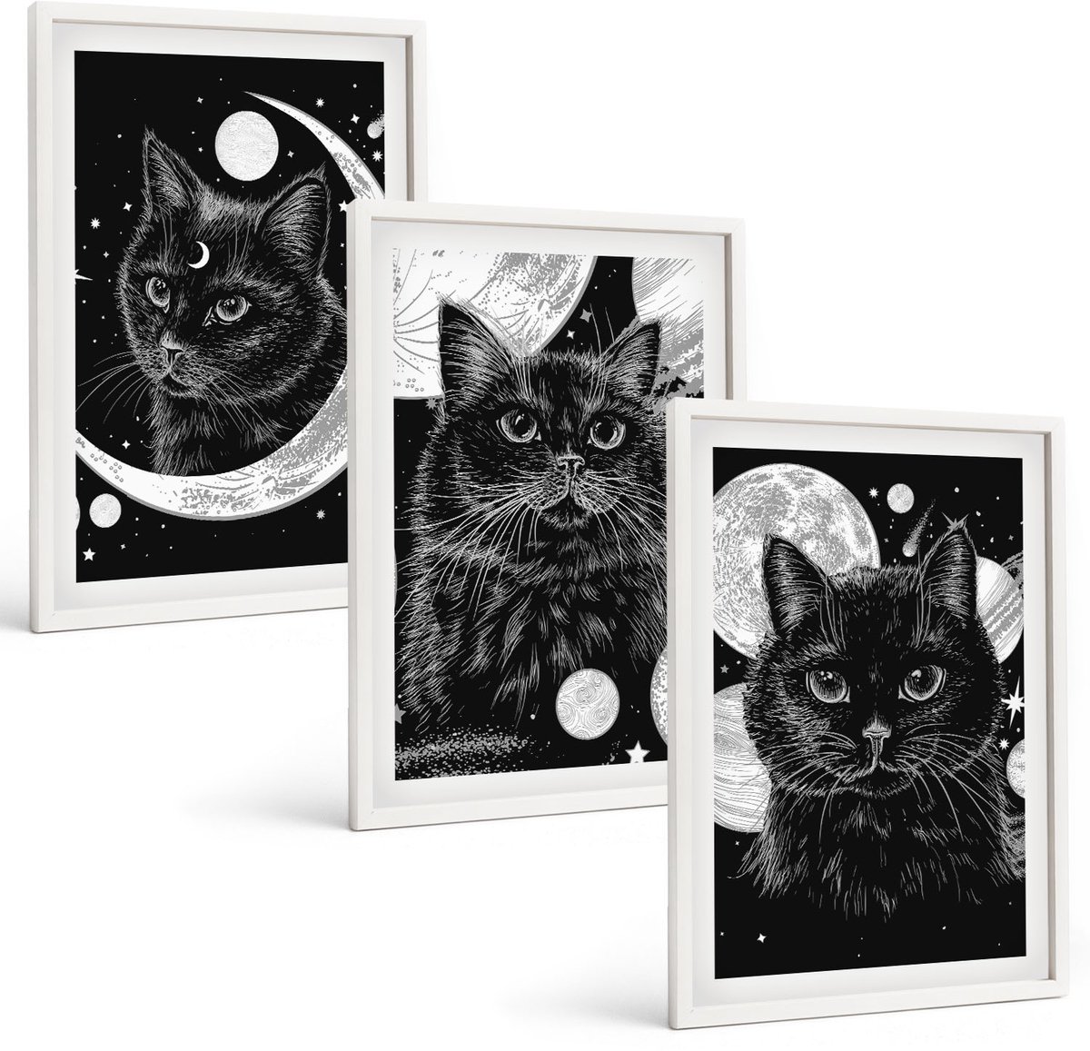 Wallfluent 3-Delige Schilderij Set - Zwarte Katten Tegen De Achtergrond Van De Maan En Planeten In De Ruimte. - 40 x 60 - Stijlvolle Wanddecoratie - Interieur - Woonkamer Decoratie