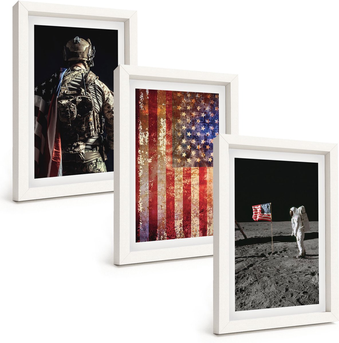 Wallfluent 3-Delige Schilderij Set - Amerikaanse Nationale Symbolen, Vlag Van De Vs - 20 x 30 - Wanddecoratie - Moderne Interieurdecoratie - Stijlvolle Muurdecoratie