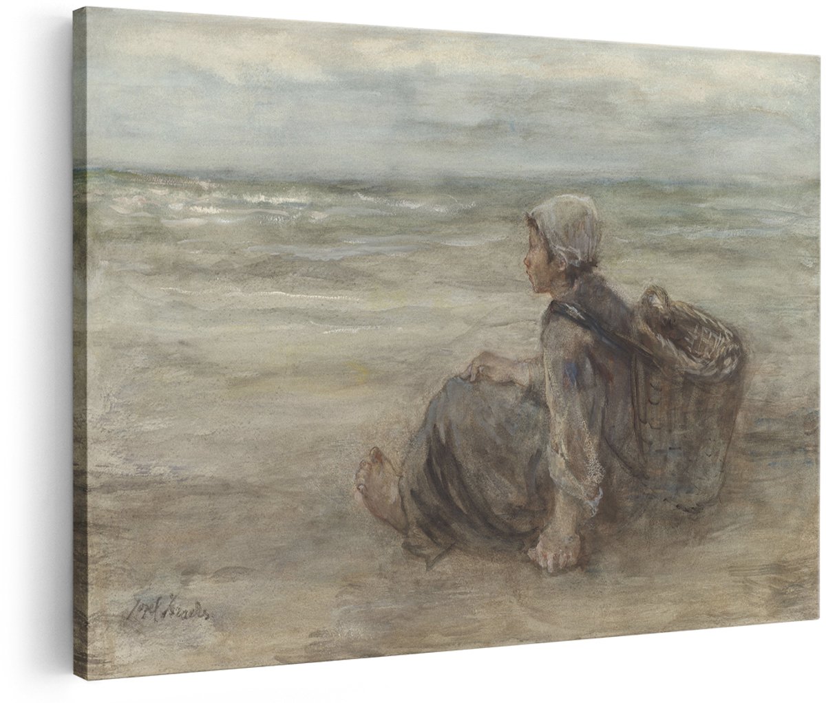 Artaza Canvas Schilderij Vissersmeisje op het Strand - Jozef Israëls - 150x100 cm - Groot - Kunst - Wanddecoratie Woonkamer